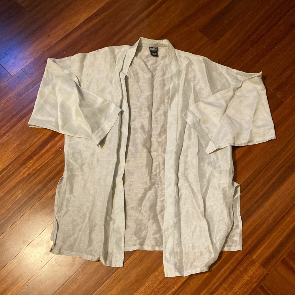 Eileen Fisher Silk and Linen Silver Open Cardigan